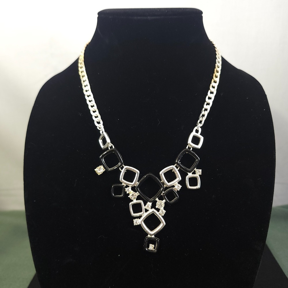 GV9 Gold Silver Tone Chain Necklace With Silver & Black Geometric‎ Bib